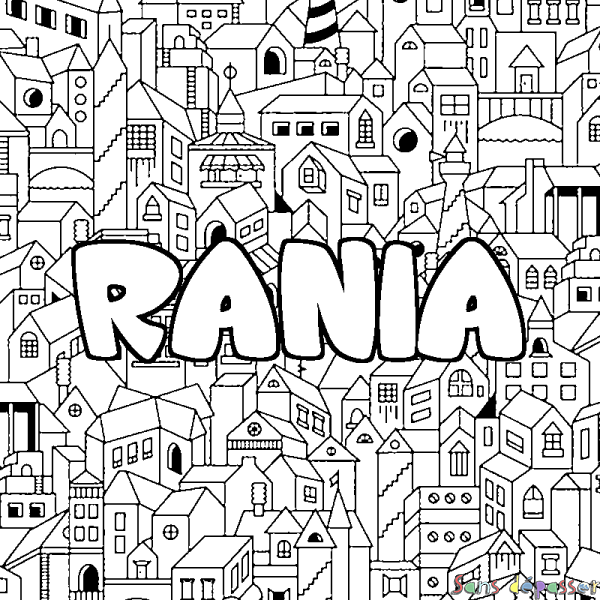 Coloriage pr&eacute;nom RANIA - d&eacute;cor Ville
