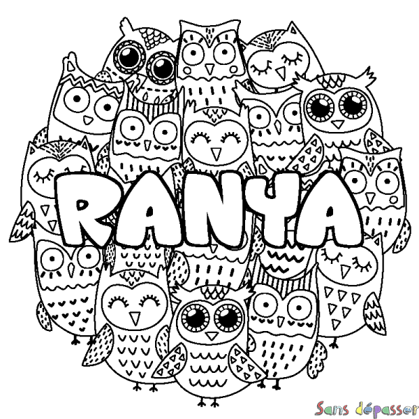 Coloriage prénom RANYA - d&eacute;cor Chouettes