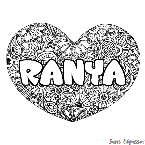 Coloriage prénom RANYA - d&eacute;cor Mandala coeur