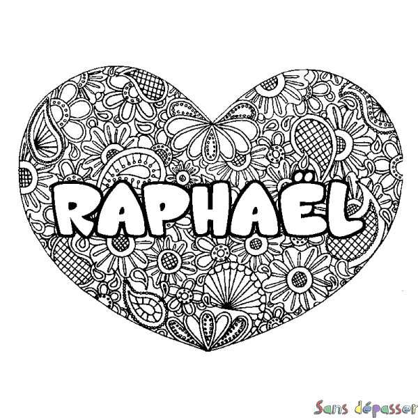 Coloriage prénom RAPHA&Euml;L - d&eacute;cor Mandala coeur