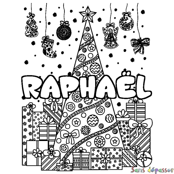Coloriage prénom RAPHA&Euml;L - d&eacute;cor Sapin et Cadeaux