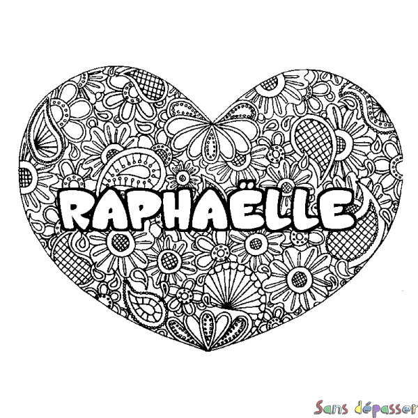 Coloriage pr&eacute;nom RAPHA&Euml;LLE - d&eacute;cor Mandala coeur