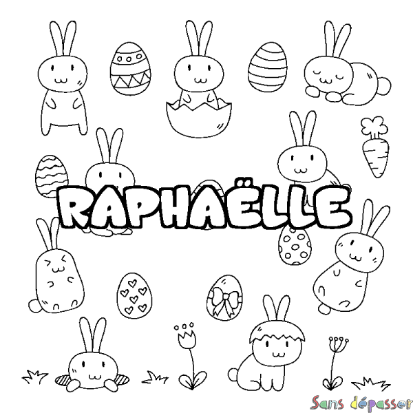 Coloriage pr&eacute;nom RAPHA&Euml;LLE - d&eacute;cor Paques