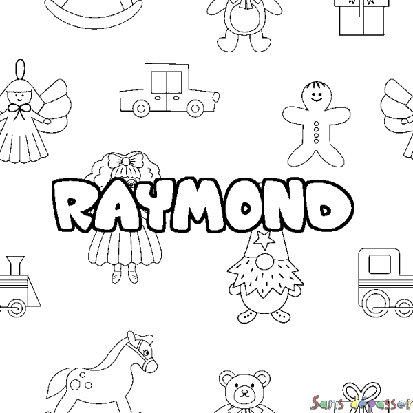 Coloriage pr&eacute;nom RAYMOND - d&eacute;cor Jouets