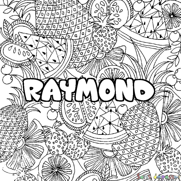 Coloriage pr&eacute;nom RAYMOND - d&eacute;cor Mandala fruits