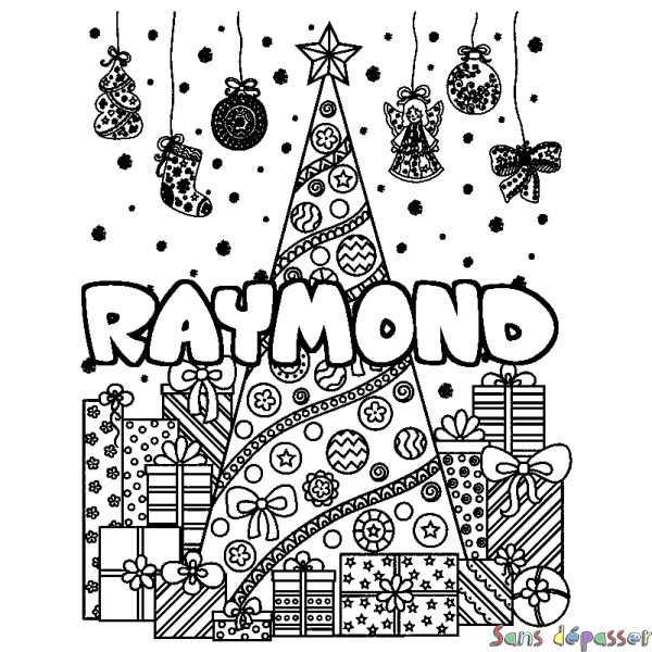 Coloriage prénom RAYMOND - d&eacute;cor Sapin et Cadeaux
