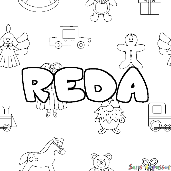 Coloriage pr&eacute;nom REDA - d&eacute;cor Jouets