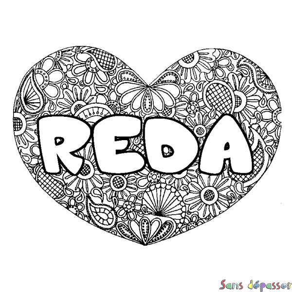 Coloriage prénom REDA - d&eacute;cor Mandala coeur