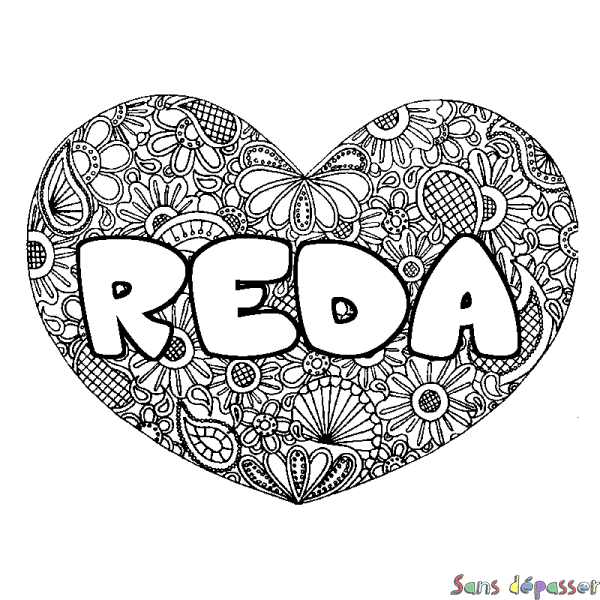 Coloriage pr&eacute;nom REDA - d&eacute;cor Mandala coeur