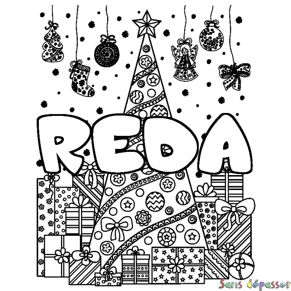 Coloriage pr&eacute;nom REDA - d&eacute;cor Sapin et Cadeaux