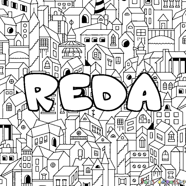 Coloriage pr&eacute;nom REDA - d&eacute;cor Ville