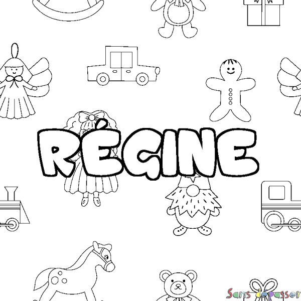 Coloriage pr&eacute;nom R&Eacute;GINE - d&eacute;cor Jouets