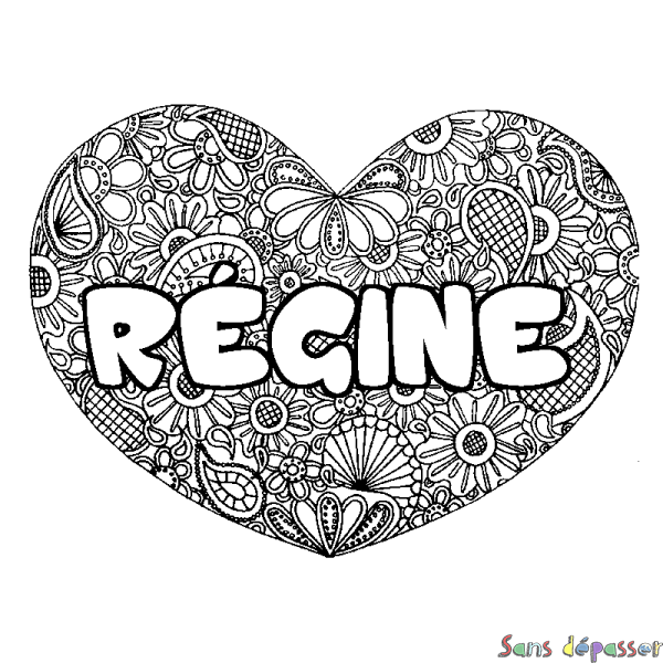 Coloriage pr&eacute;nom R&Eacute;GINE - d&eacute;cor Mandala coeur