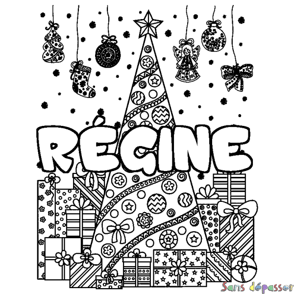 Coloriage pr&eacute;nom R&Eacute;GINE - d&eacute;cor Sapin et Cadeaux