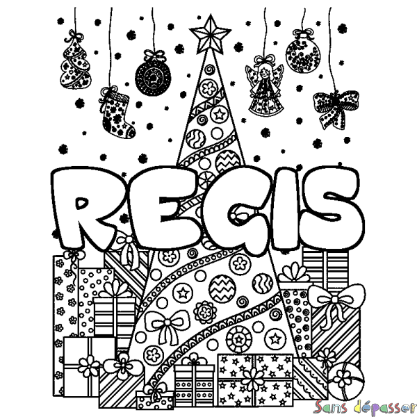 Coloriage pr&eacute;nom REGIS - d&eacute;cor Sapin et Cadeaux