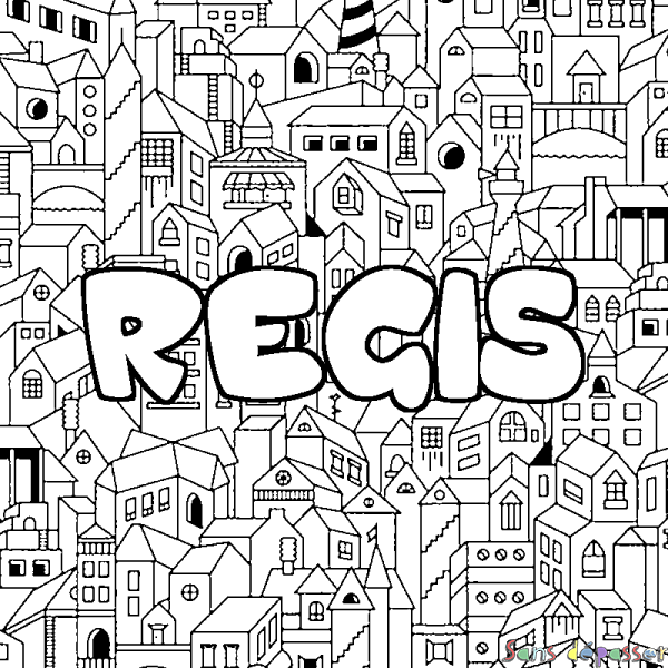Coloriage pr&eacute;nom REGIS - d&eacute;cor Ville