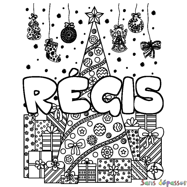 Coloriage pr&eacute;nom R&Eacute;GIS - d&eacute;cor Sapin et Cadeaux