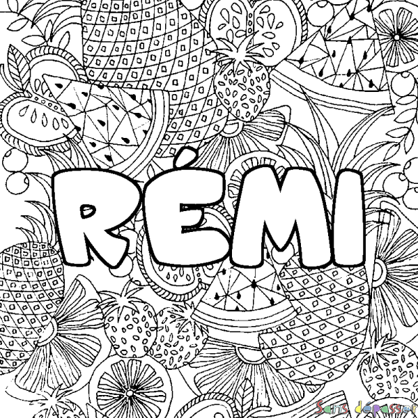 Coloriage pr&eacute;nom R&Eacute;MI - d&eacute;cor Mandala fruits