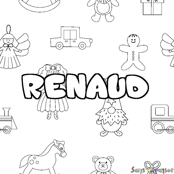Coloriage pr&eacute;nom RENAUD - d&eacute;cor Jouets