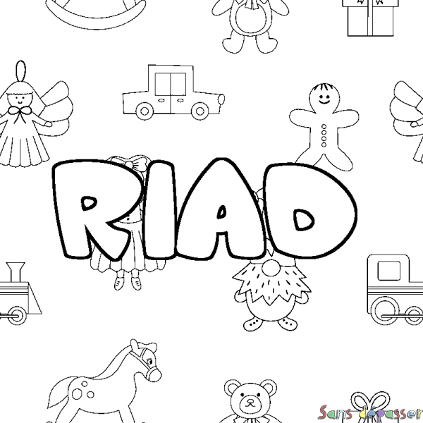 Coloriage pr&eacute;nom RIAD - d&eacute;cor Jouets