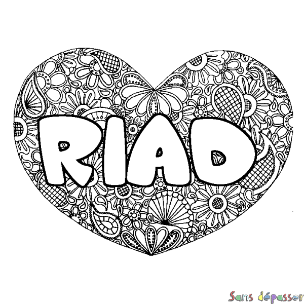 Coloriage pr&eacute;nom RIAD - d&eacute;cor Mandala coeur