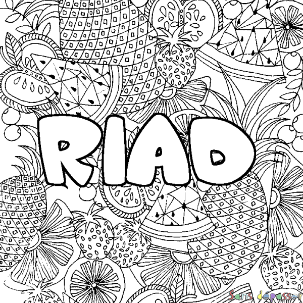 Coloriage pr&eacute;nom RIAD - d&eacute;cor Mandala fruits