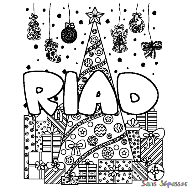Coloriage pr&eacute;nom RIAD - d&eacute;cor Sapin et Cadeaux