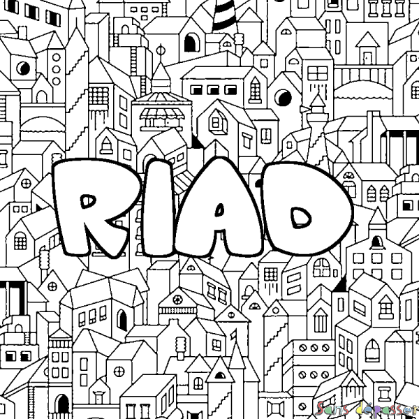 Coloriage pr&eacute;nom RIAD - d&eacute;cor Ville