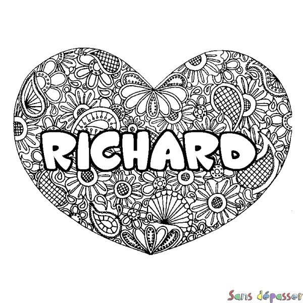 Coloriage pr&eacute;nom RICHARD - d&eacute;cor Mandala coeur