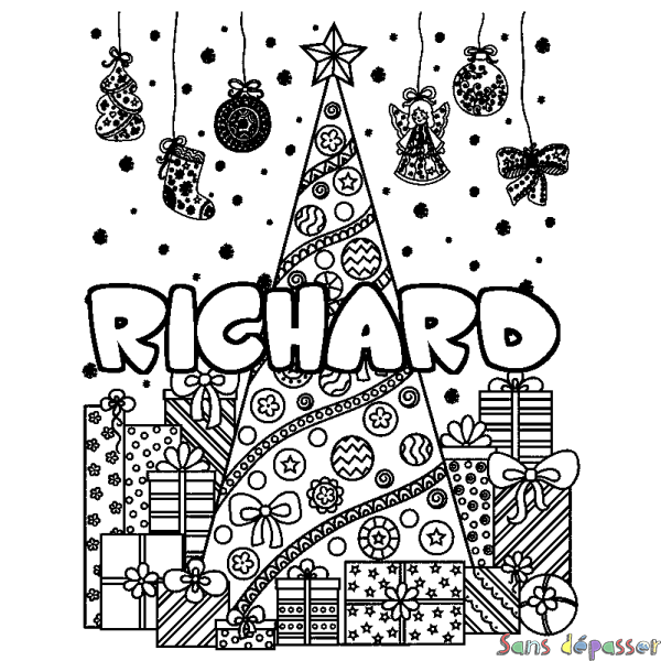 Coloriage prénom RICHARD - d&eacute;cor Sapin et Cadeaux