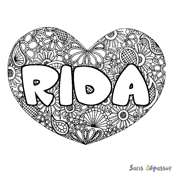 Coloriage prénom RIDA - d&eacute;cor Mandala coeur