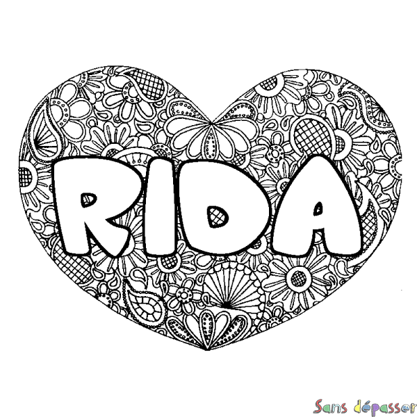 Coloriage pr&eacute;nom RIDA - d&eacute;cor Mandala coeur
