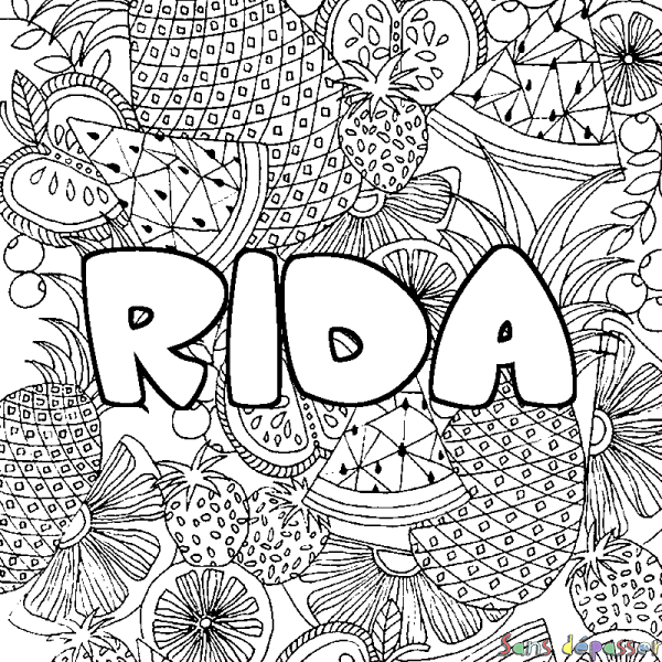 Coloriage prénom RIDA - d&eacute;cor Mandala fruits