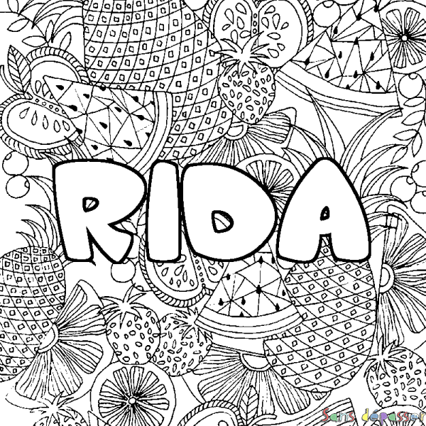 Coloriage pr&eacute;nom RIDA - d&eacute;cor Mandala fruits