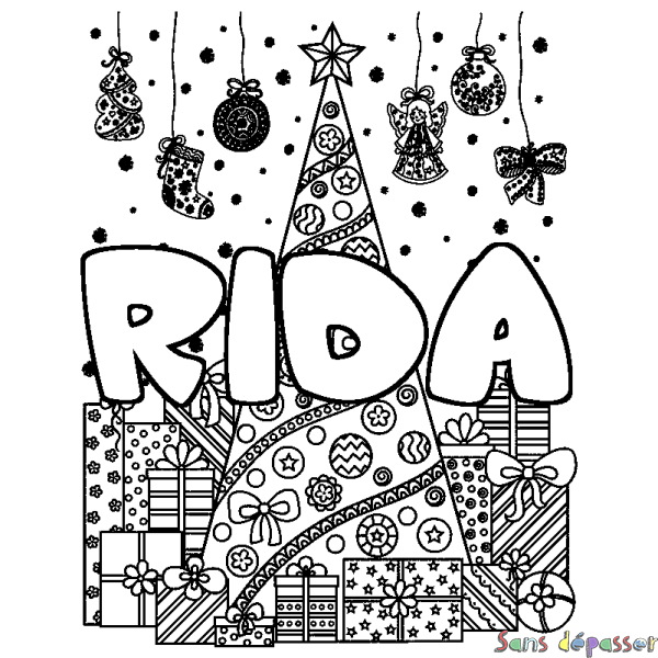 Coloriage prénom RIDA - d&eacute;cor Sapin et Cadeaux