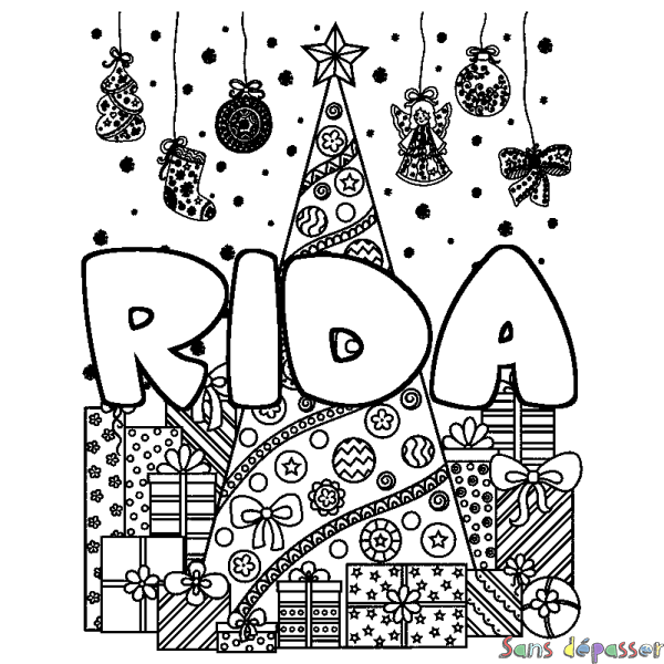 Coloriage pr&eacute;nom RIDA - d&eacute;cor Sapin et Cadeaux