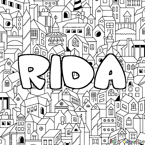 Coloriage prénom RIDA - d&eacute;cor Ville