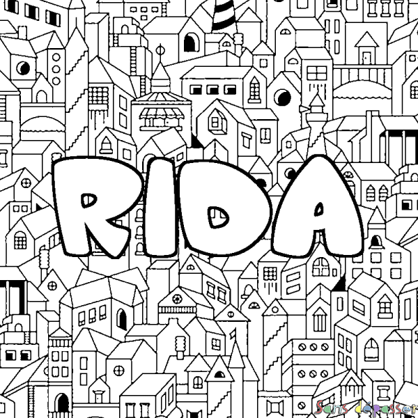 Coloriage pr&eacute;nom RIDA - d&eacute;cor Ville