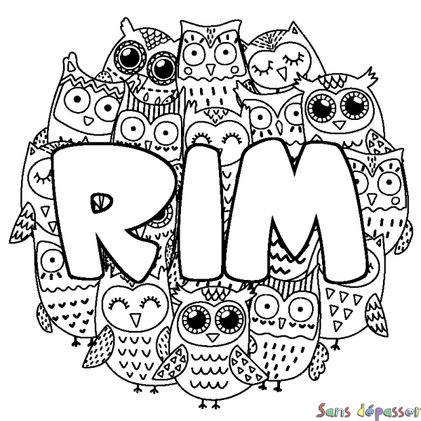 Coloriage pr&eacute;nom RIM - d&eacute;cor Chouettes