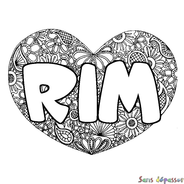 Coloriage pr&eacute;nom RIM - d&eacute;cor Mandala coeur