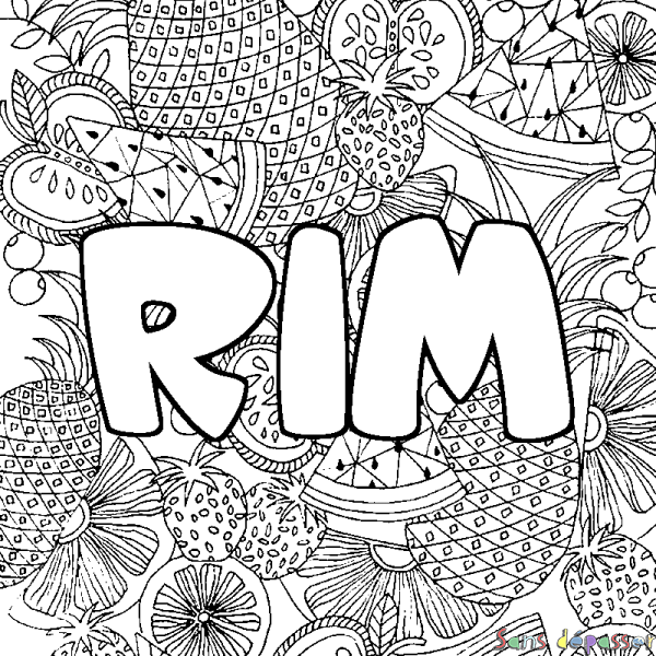 Coloriage pr&eacute;nom RIM - d&eacute;cor Mandala fruits