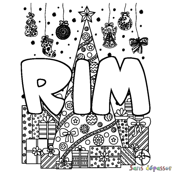 Coloriage pr&eacute;nom RIM - d&eacute;cor Sapin et Cadeaux