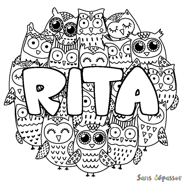 Coloriage pr&eacute;nom RITA - d&eacute;cor Chouettes