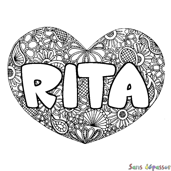Coloriage pr&eacute;nom RITA - d&eacute;cor Mandala coeur