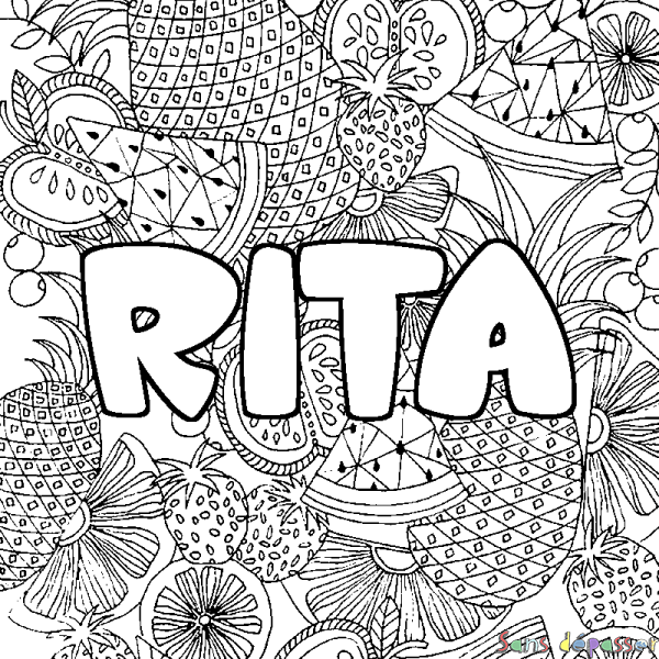 Coloriage pr&eacute;nom RITA - d&eacute;cor Mandala fruits