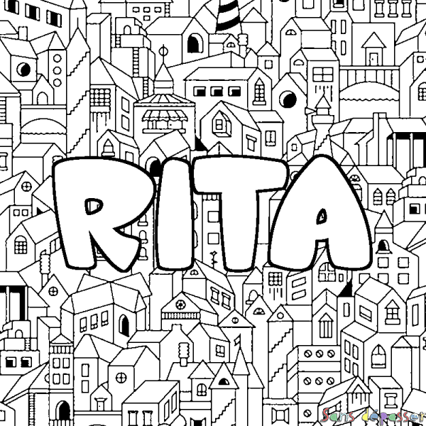 Coloriage pr&eacute;nom RITA - d&eacute;cor Ville