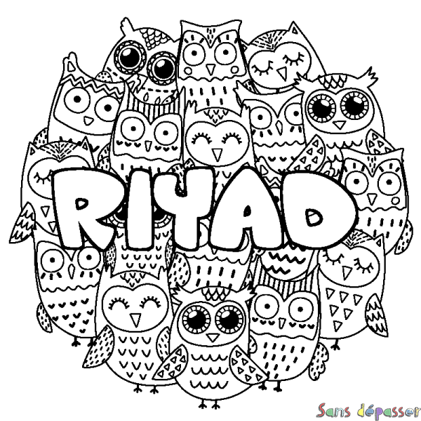 Coloriage pr&eacute;nom RIYAD - d&eacute;cor Chouettes
