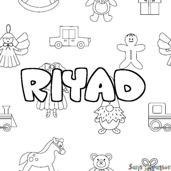 Coloriage pr&eacute;nom RIYAD - d&eacute;cor Jouets