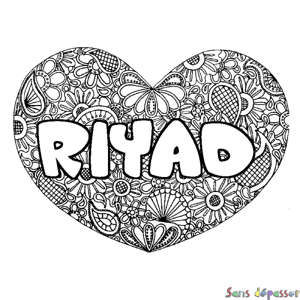 Coloriage pr&eacute;nom RIYAD - d&eacute;cor Mandala coeur