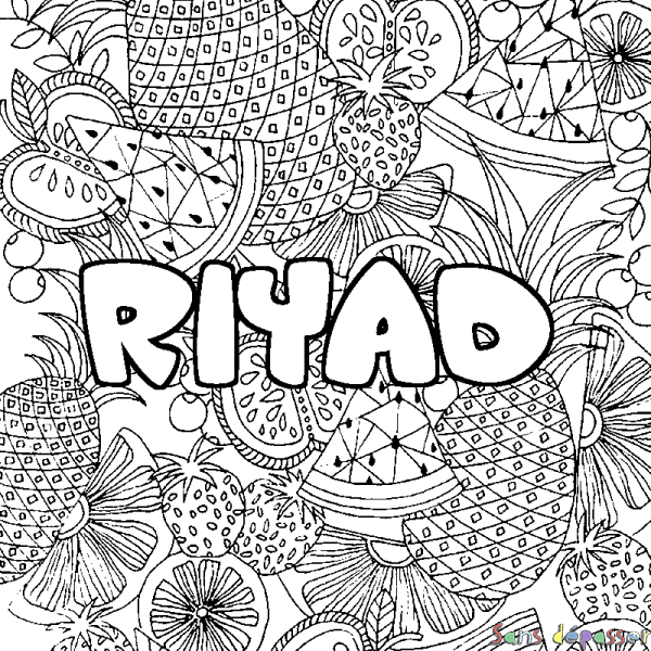 Coloriage pr&eacute;nom RIYAD - d&eacute;cor Mandala fruits